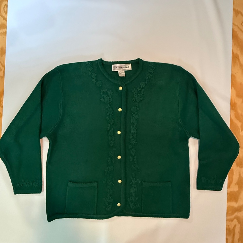 VTG Crystal Kobe Cardigan Sweater Women XL Green Embroidered Floral‎ Gold Button